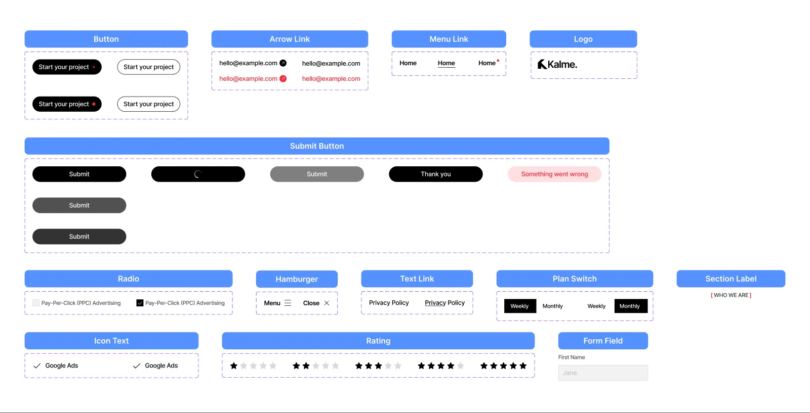 The Buttons &amp; Elements board: logo, buttons and links with their states, form parts, rating, labels