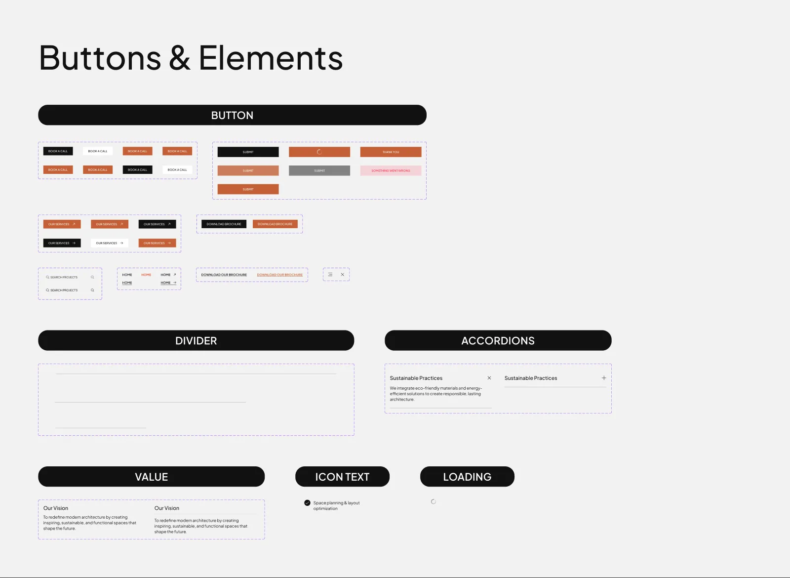 The Buttons & Elements board: buttons, links, menu, search, form button, divider, accordion, value, check list