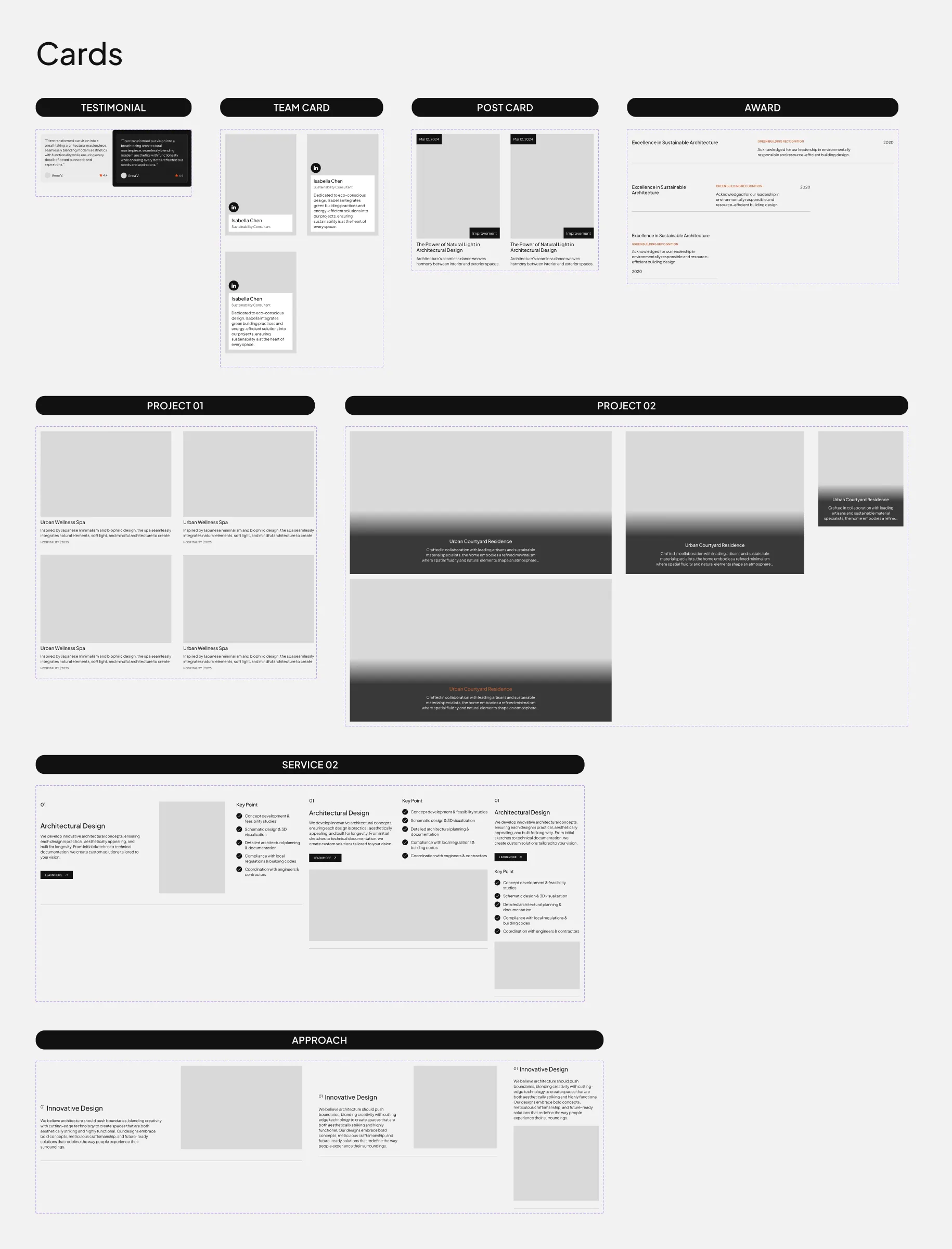 The Cards board: testimonial, team, post, award, project, service and approach cards