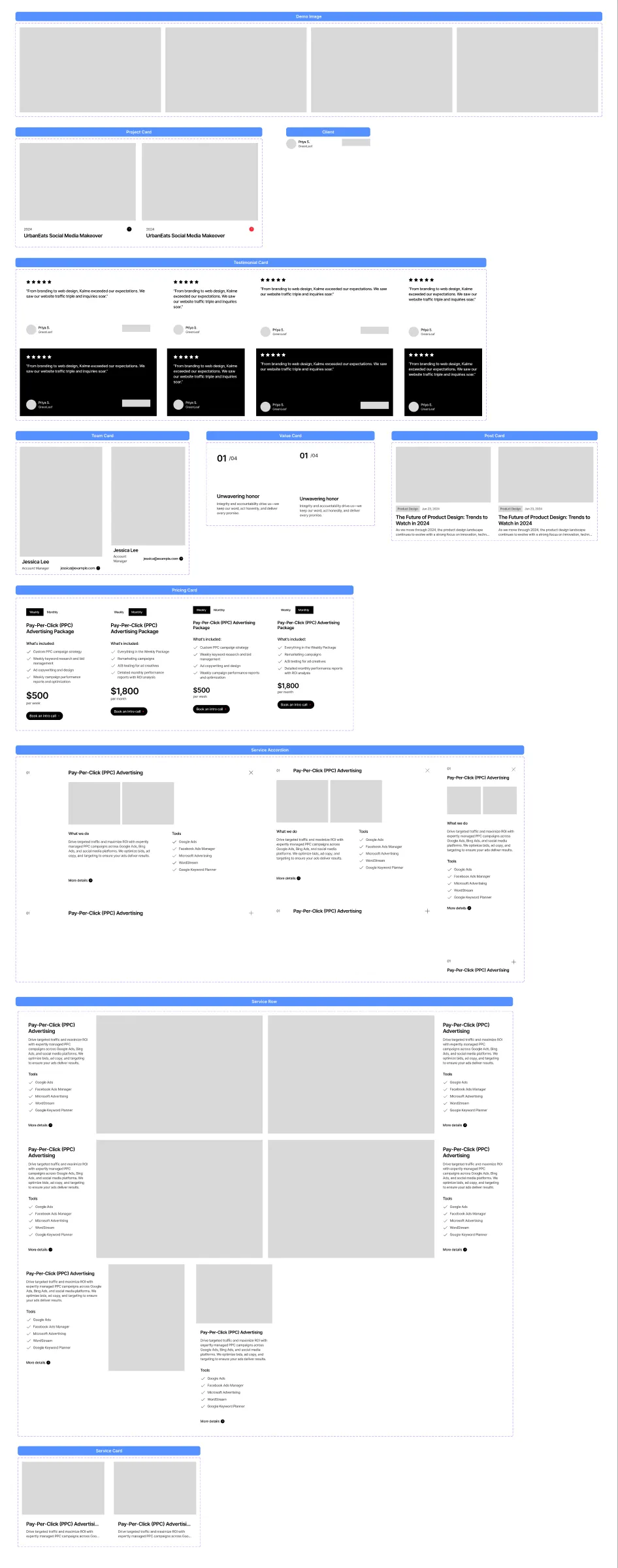 The Cards board: services, pricing, projects, posts, values, team and testimonials