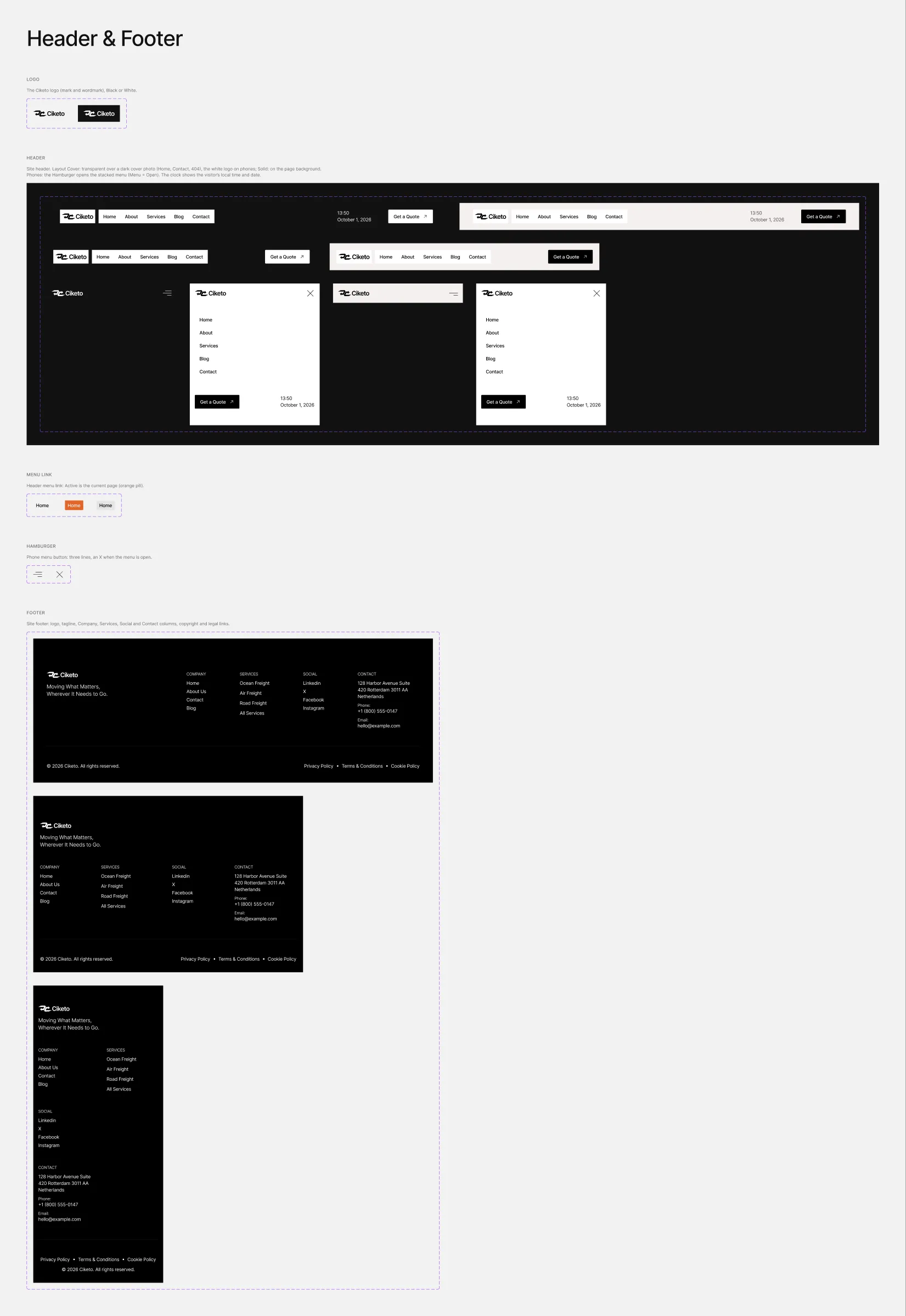 The Header &amp; Footer board: logo, header, menu link, hamburger and footer