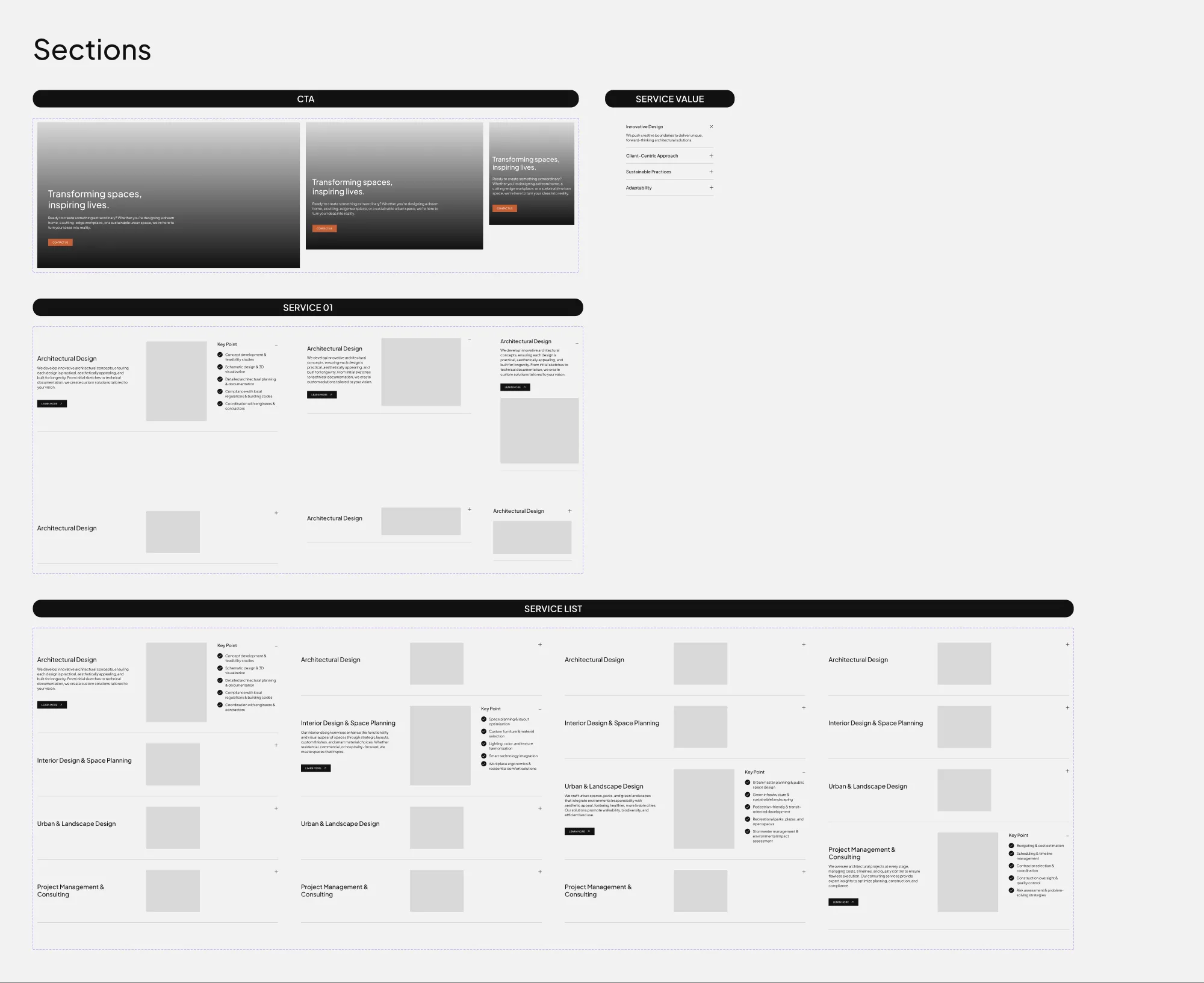 The Sections board: call to action, principles, service rows and the service list