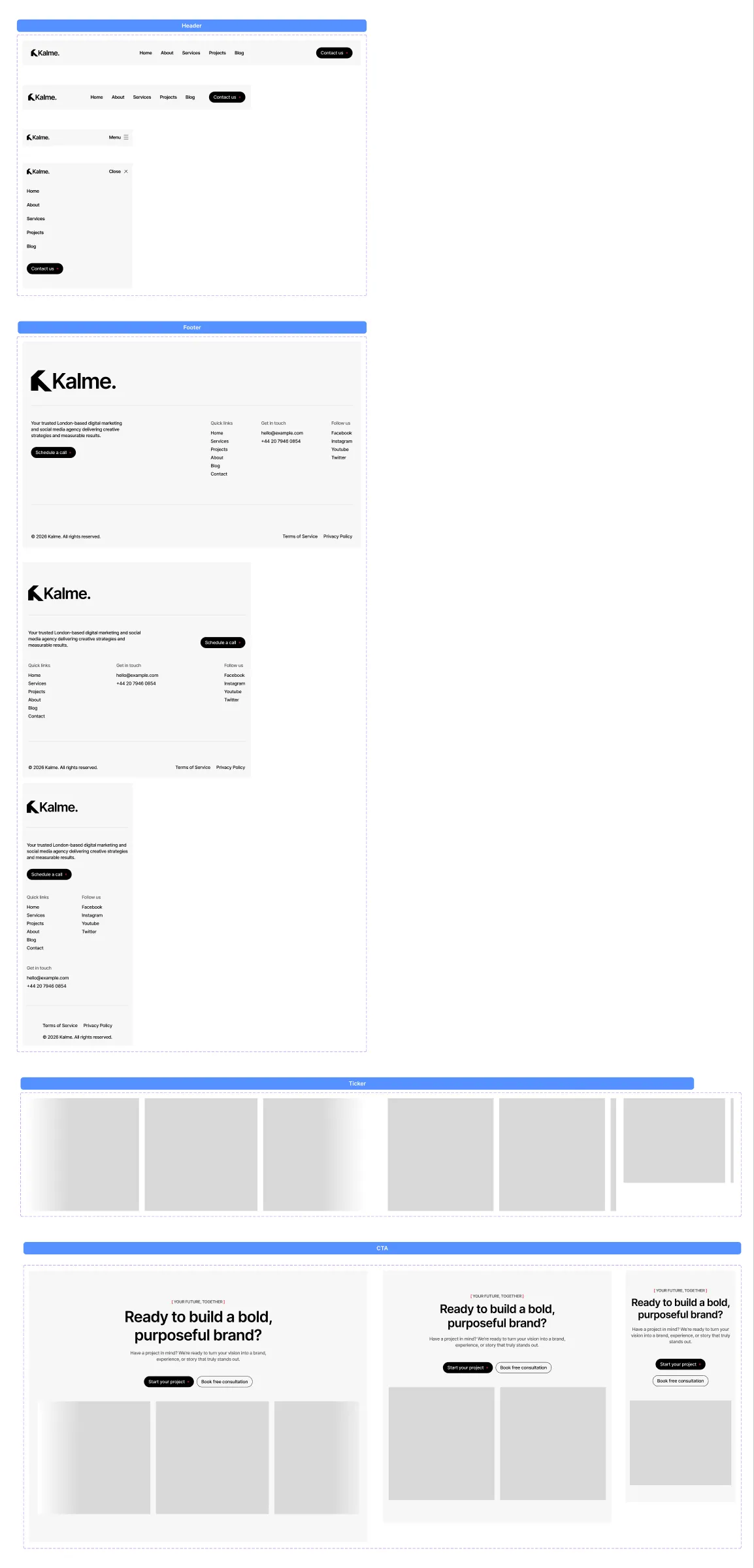 The Sections board: header, footer, call to action and ticker
