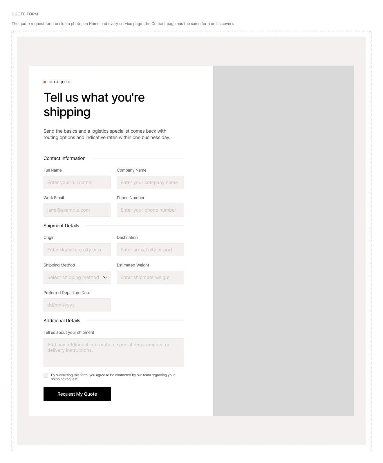 The top of the Sections board: the Quote Form set, its desktop variant first
