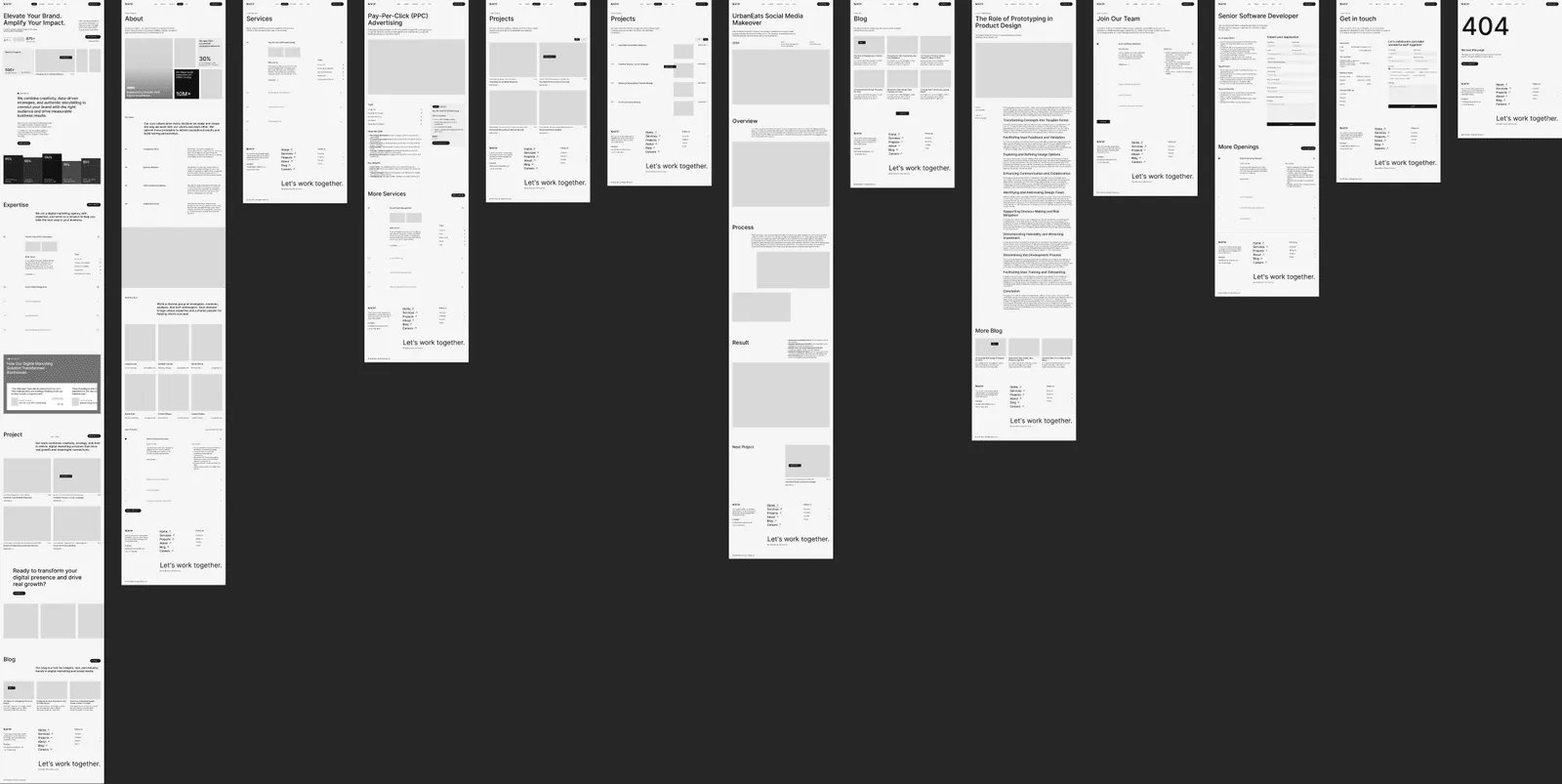 The Desktop page: the 13 frames side by side, from Home to 404