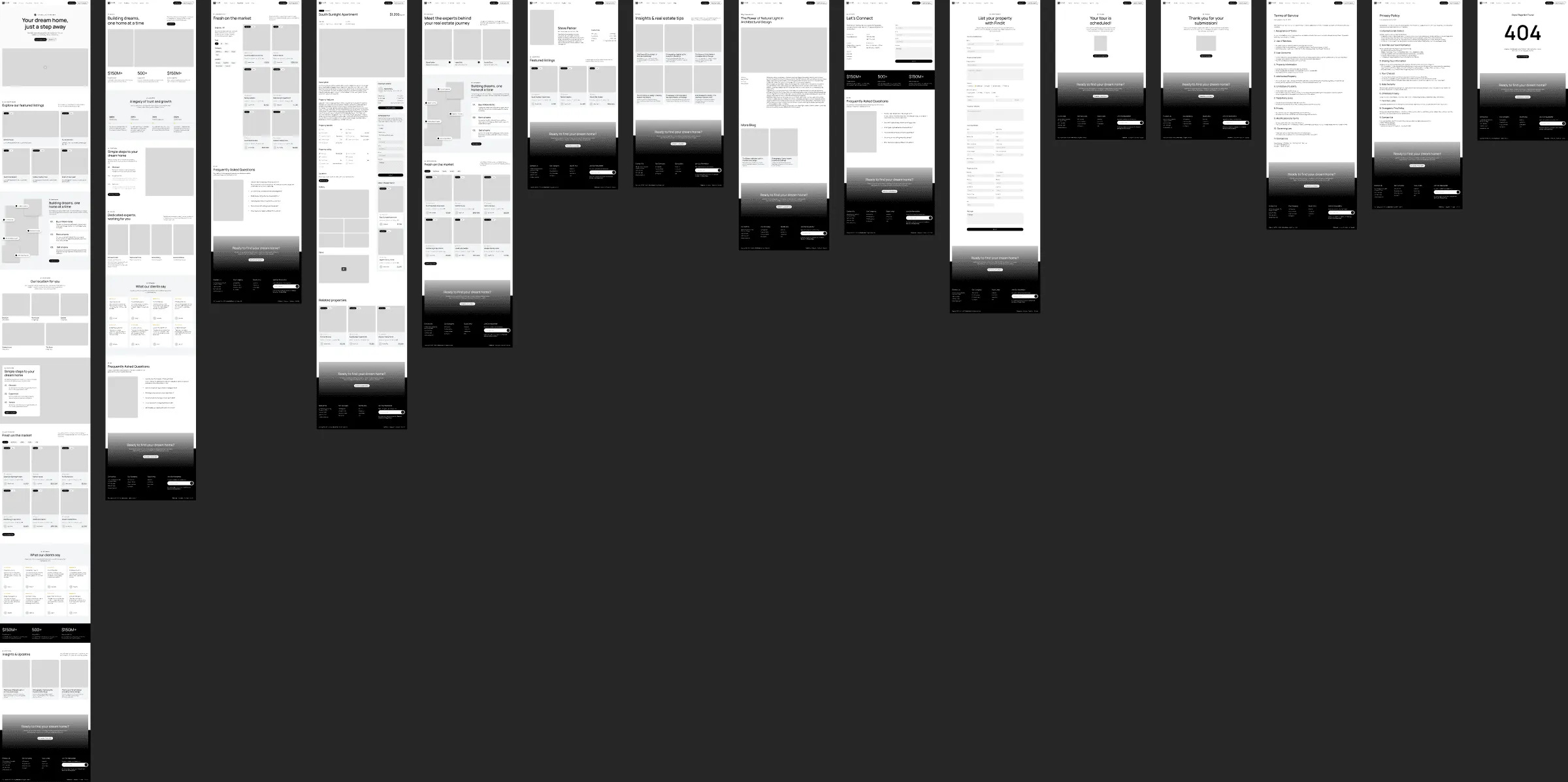 The Desktop page: the 15 frames side by side, from Home to 404