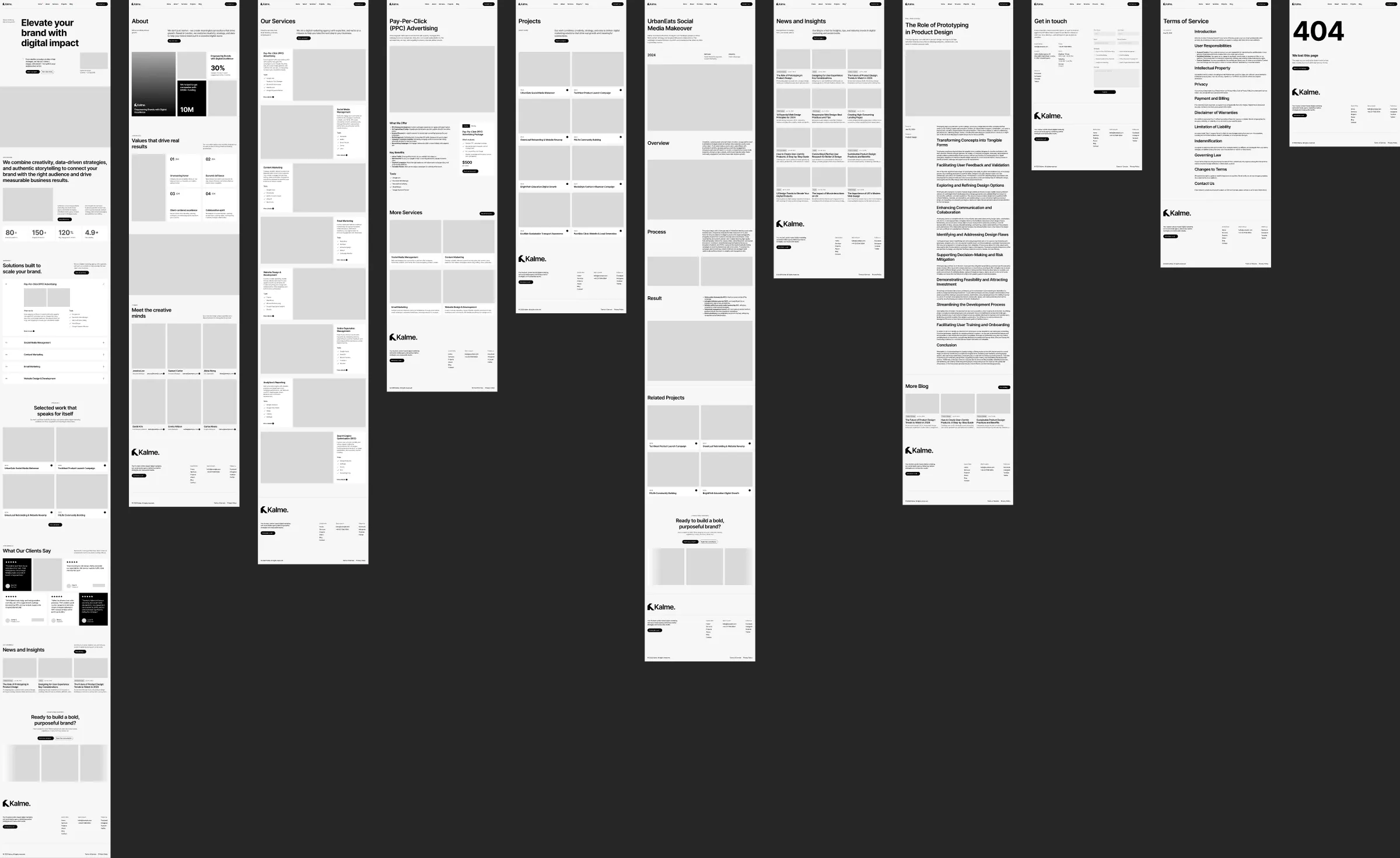The Desktop page: the 11 frames side by side, from Home to 404