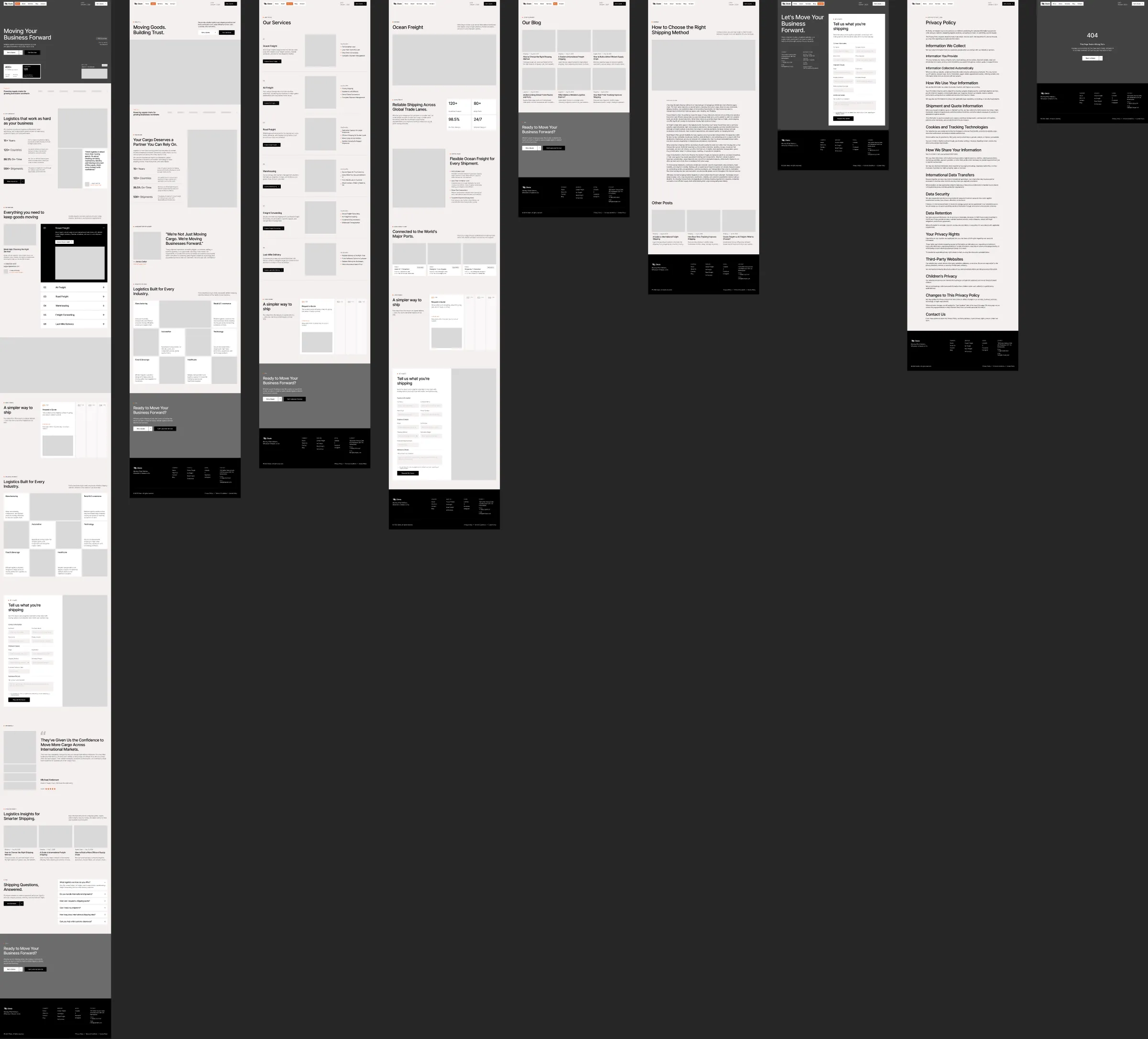 The Desktop page: the 9 frames side by side, from Home to 404