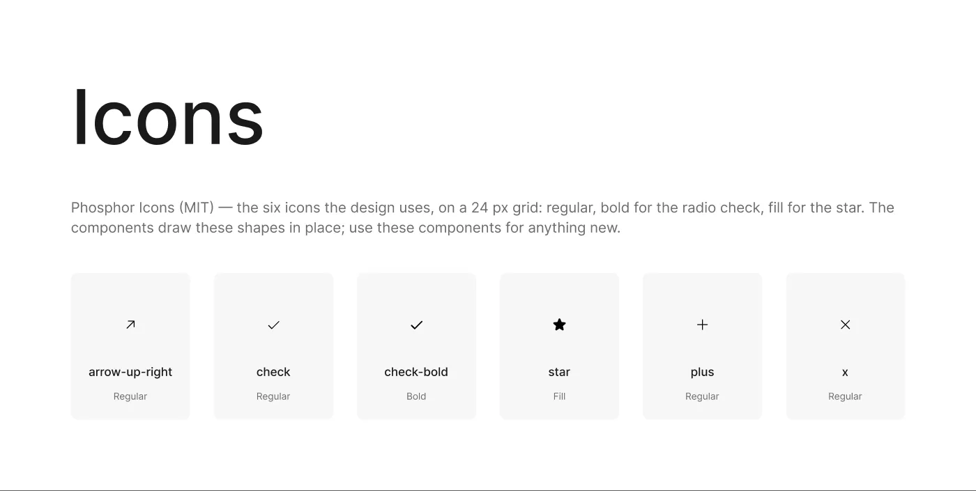 The Icons page: the six Phosphor icons, one component each
