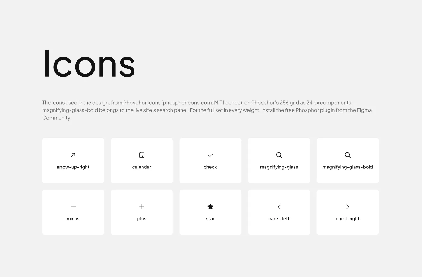 The Icons page: the ten icons, one component each