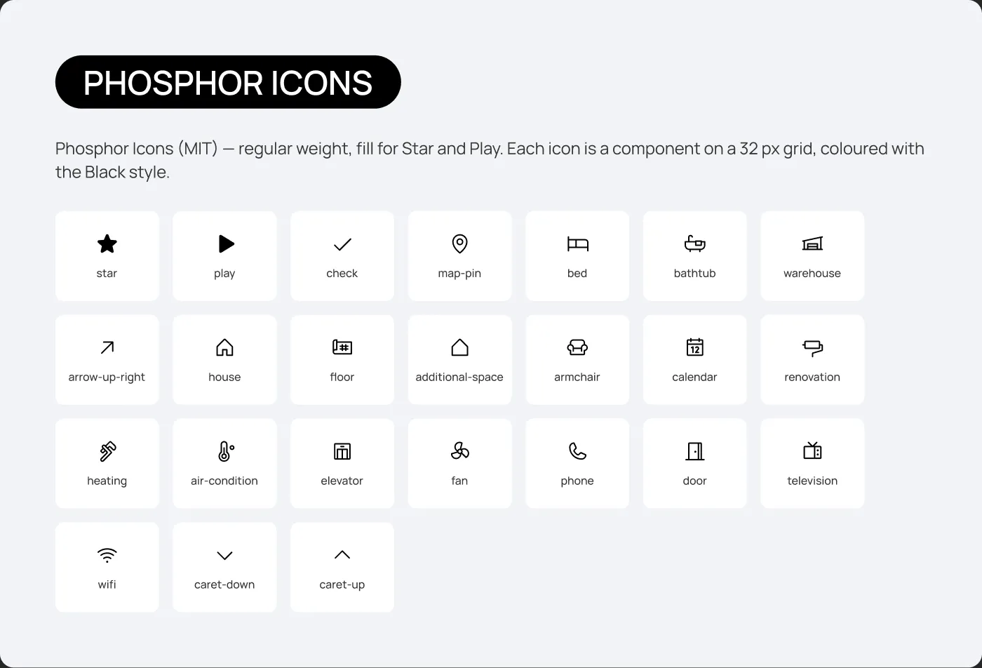 The Icons page: the 24 Phosphor icons, one component each