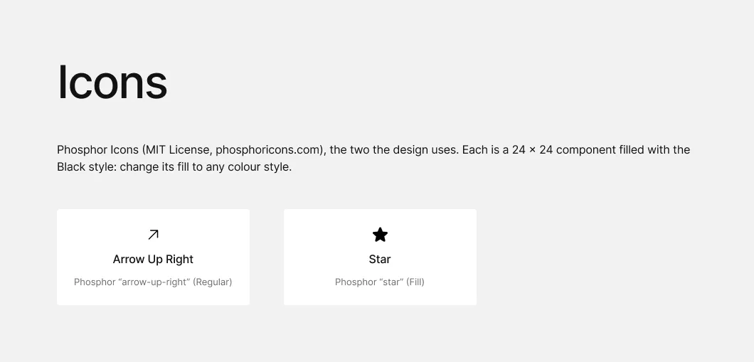 The Icons page: the two icons, one component each
