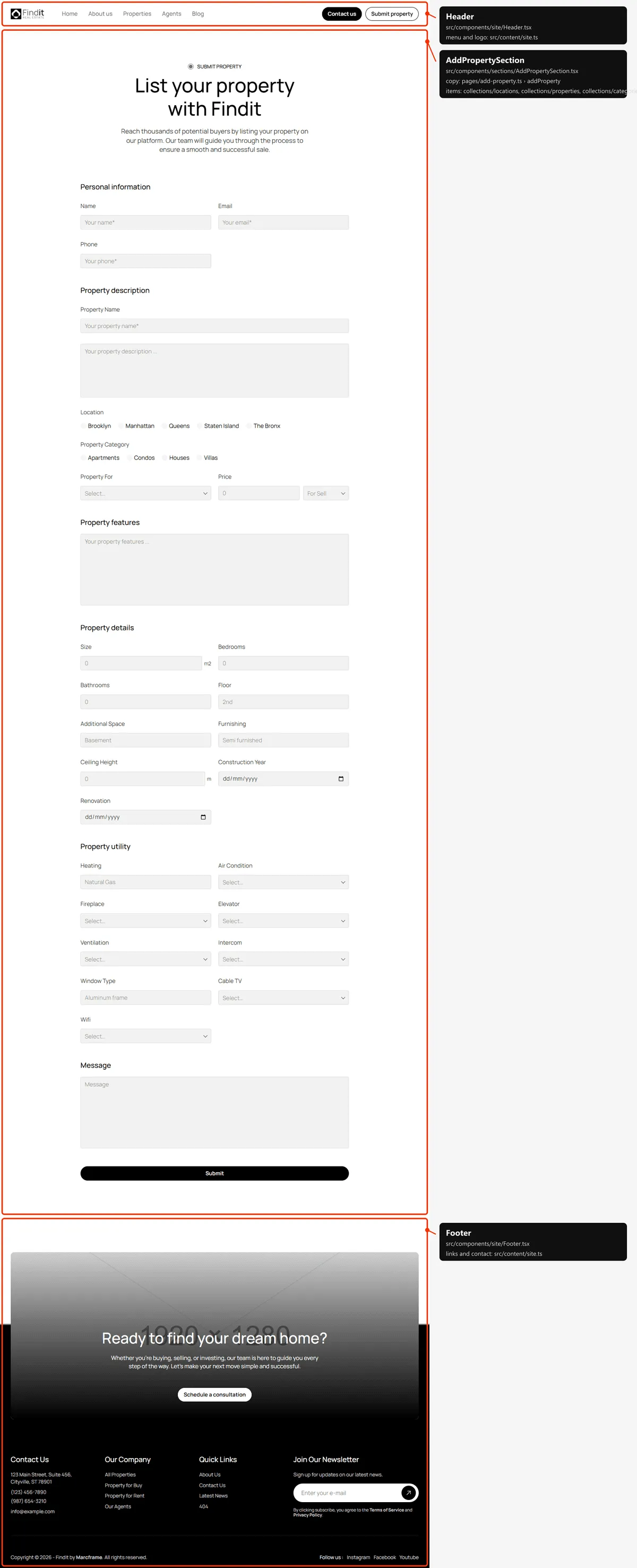 Add property: sections and the files behind them