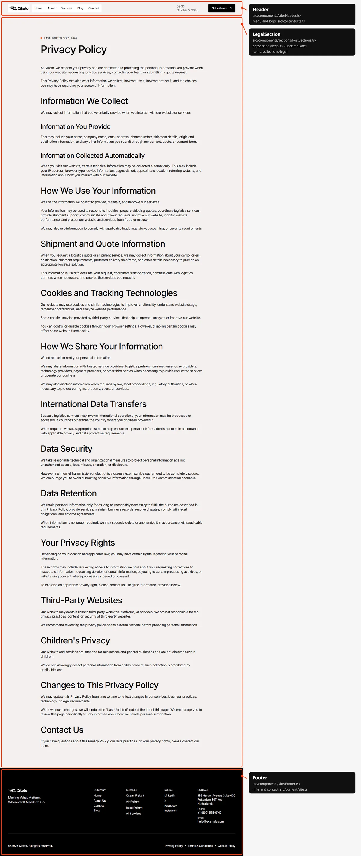 Legal page: sections and the files behind them