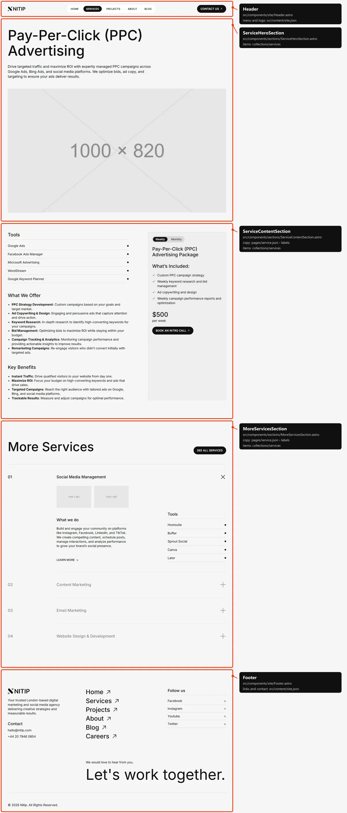 Service detail: sections and the files behind them