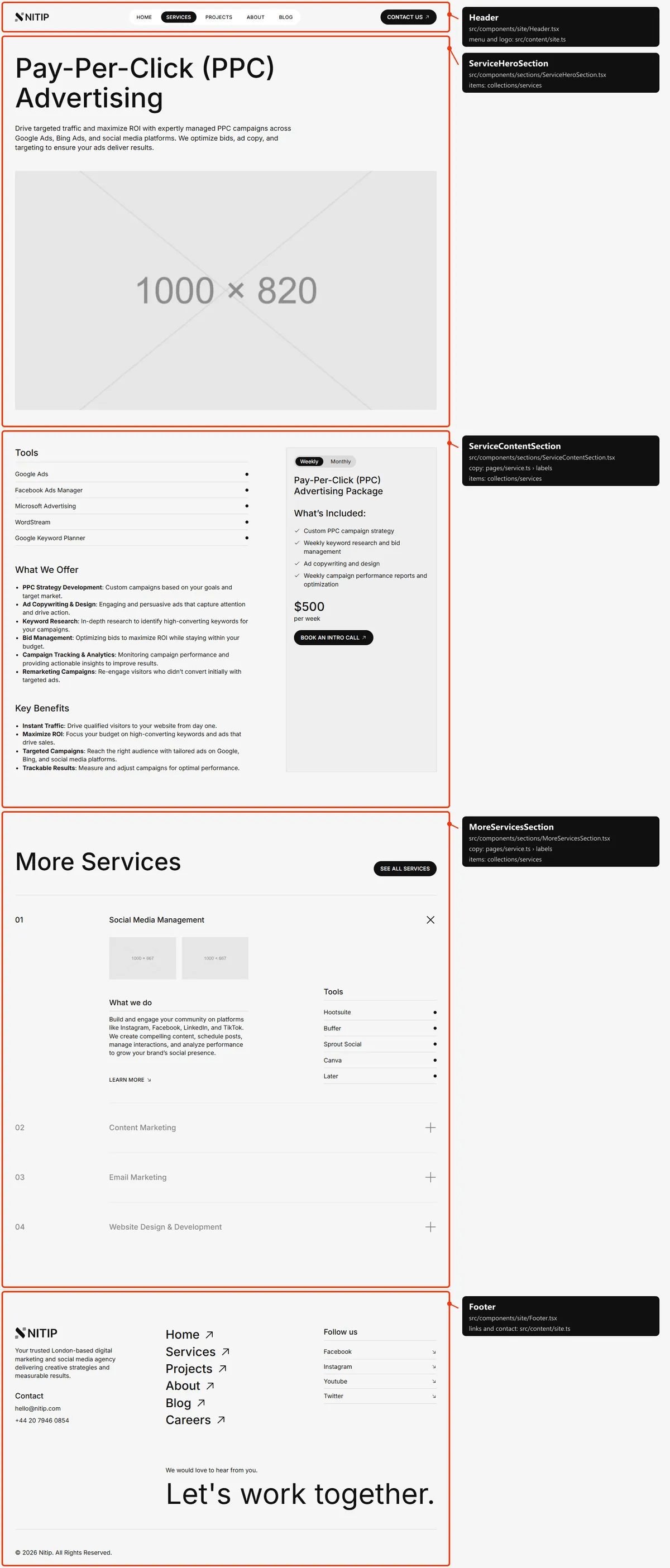 Service detail: sections and the files behind them