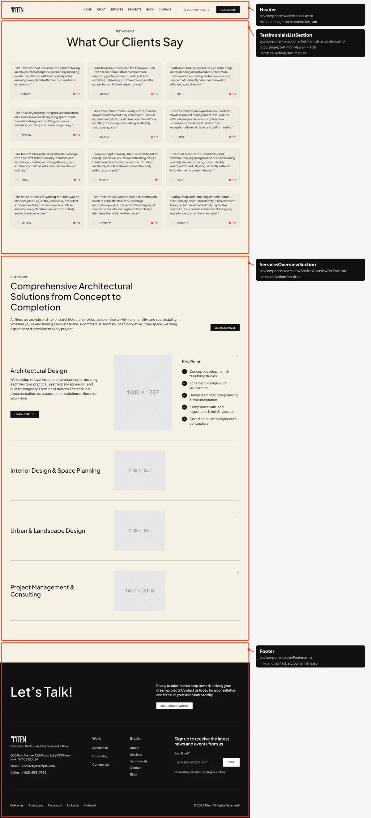 Testimonials: sections and the files behind them