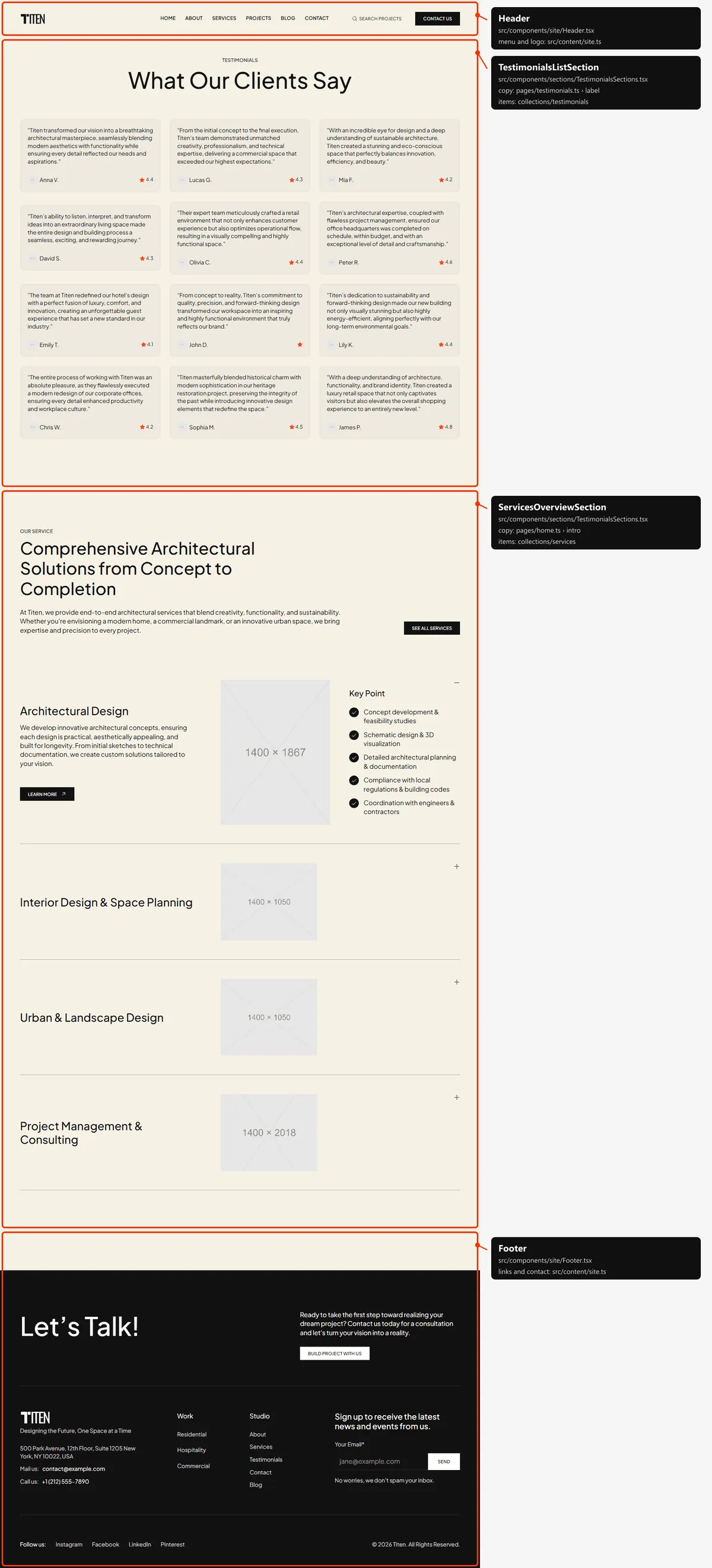 Testimonials: sections and the files behind them