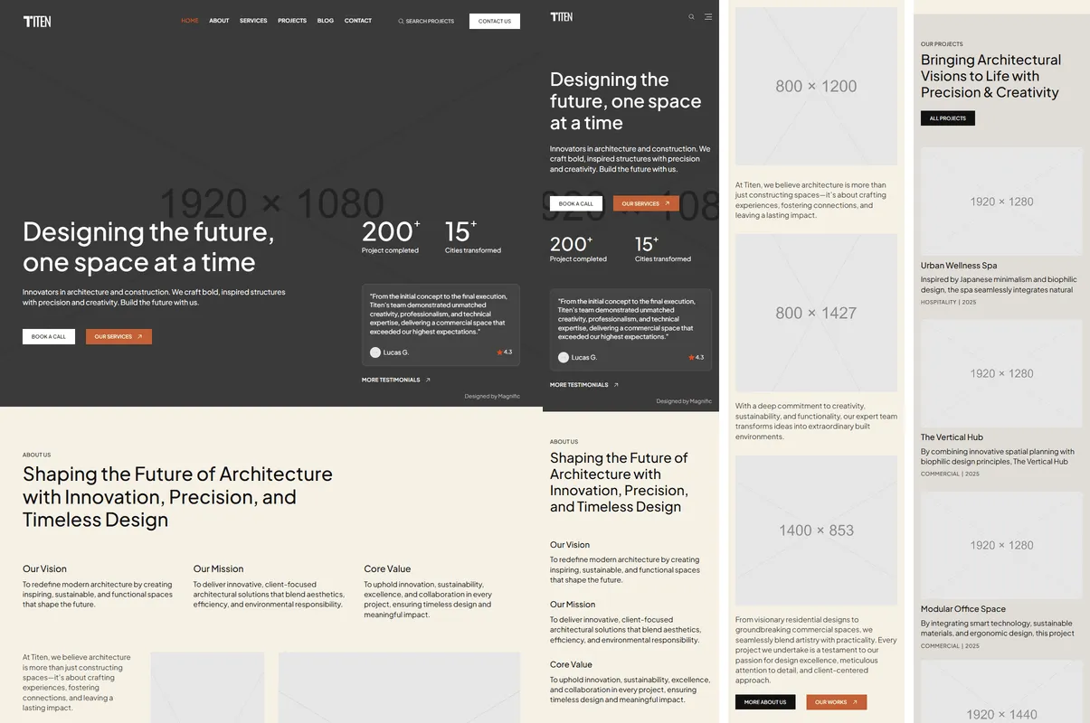 Reference screenshots of the home page: a desktop slice and three phone strips
