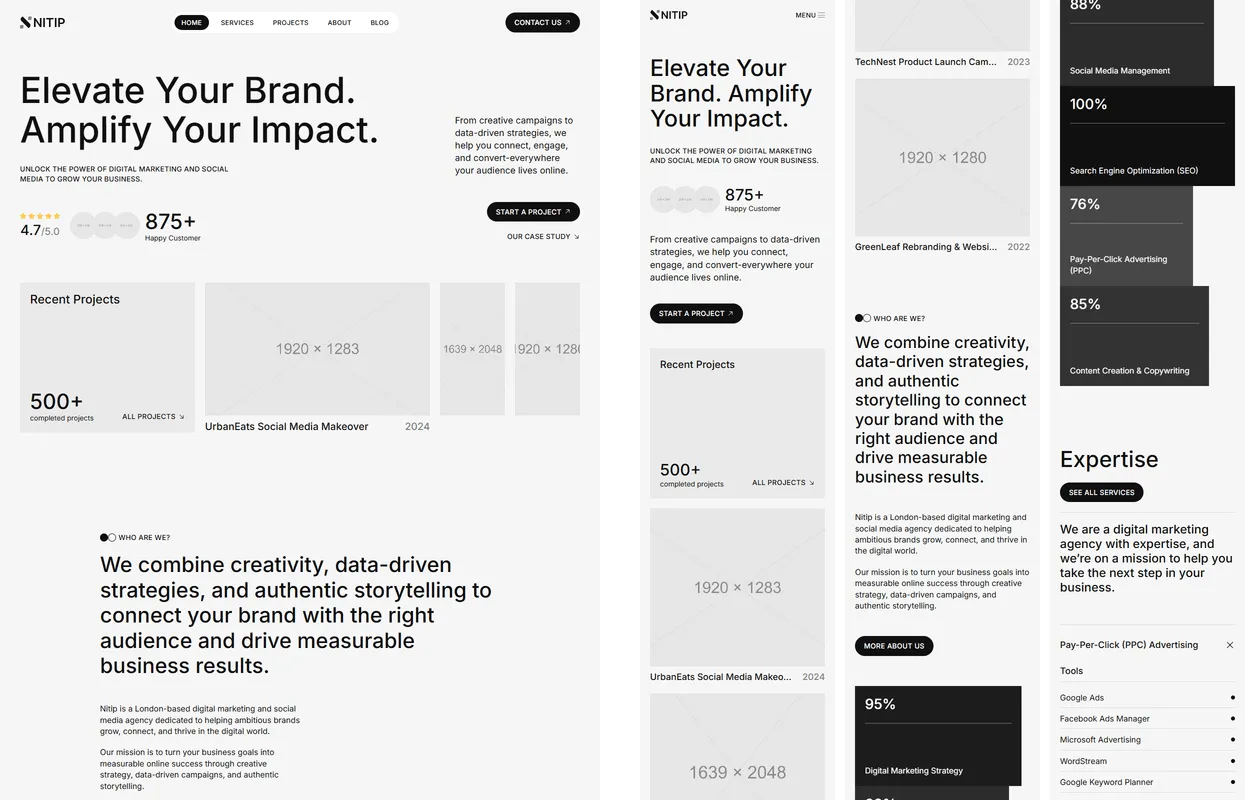 Reference screenshots of the home page: a desktop slice and three phone strips