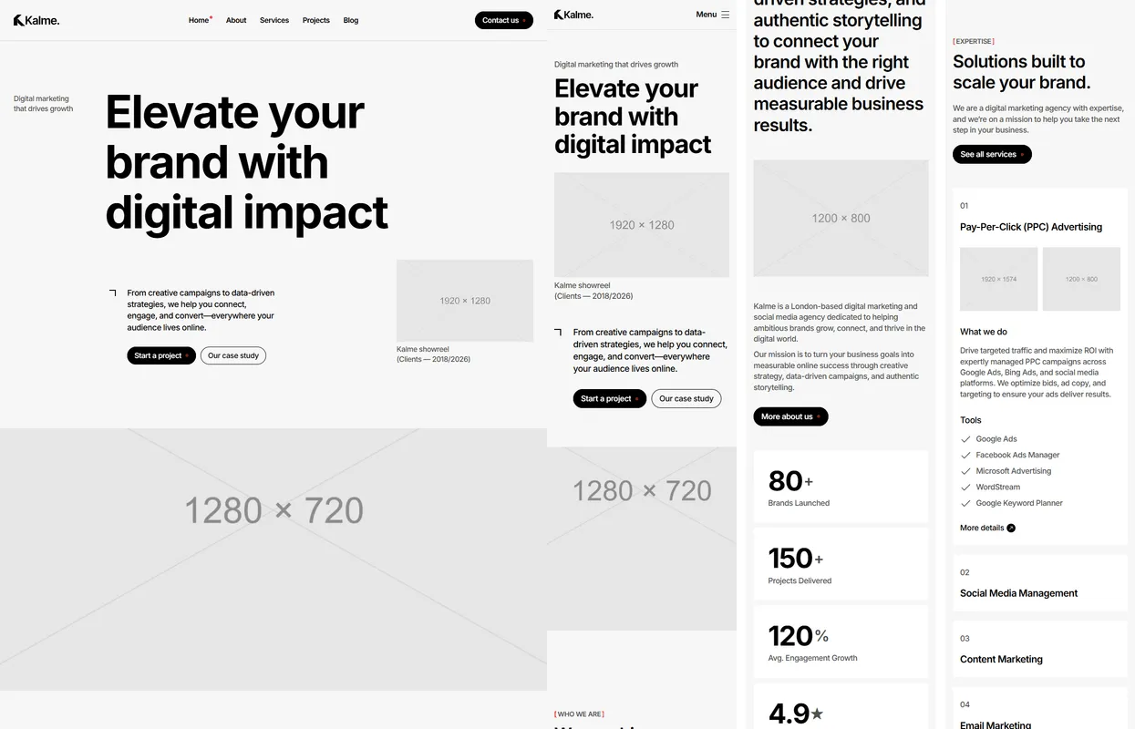 Reference screenshots of the home page: a desktop slice and three phone strips