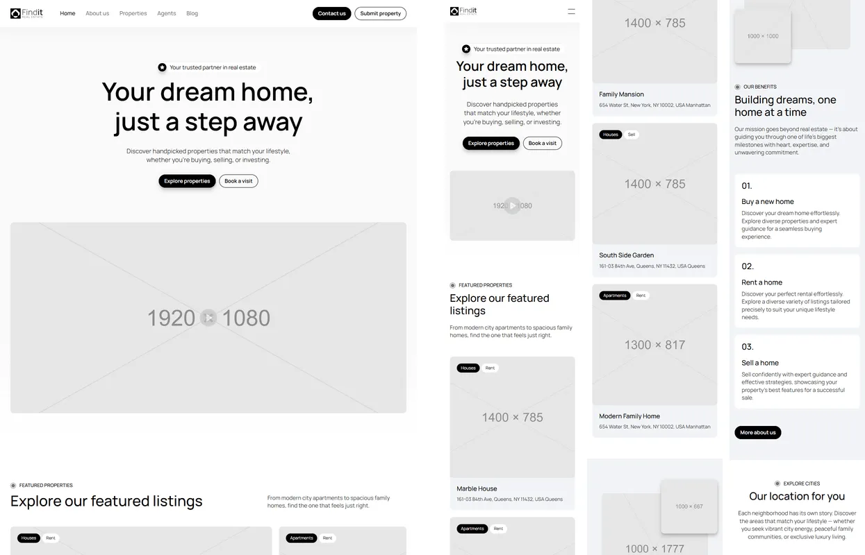 Reference screenshots of the home page: a desktop slice and three phone strips