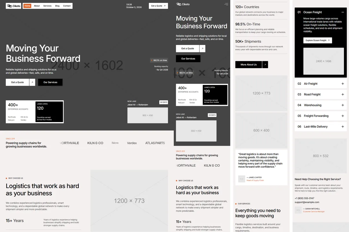 Reference screenshots of the home page: a desktop slice and the phone strips