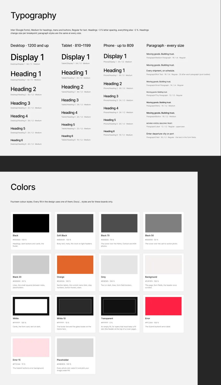 The Style Guide page: the text styles per breakpoint and the colour styles