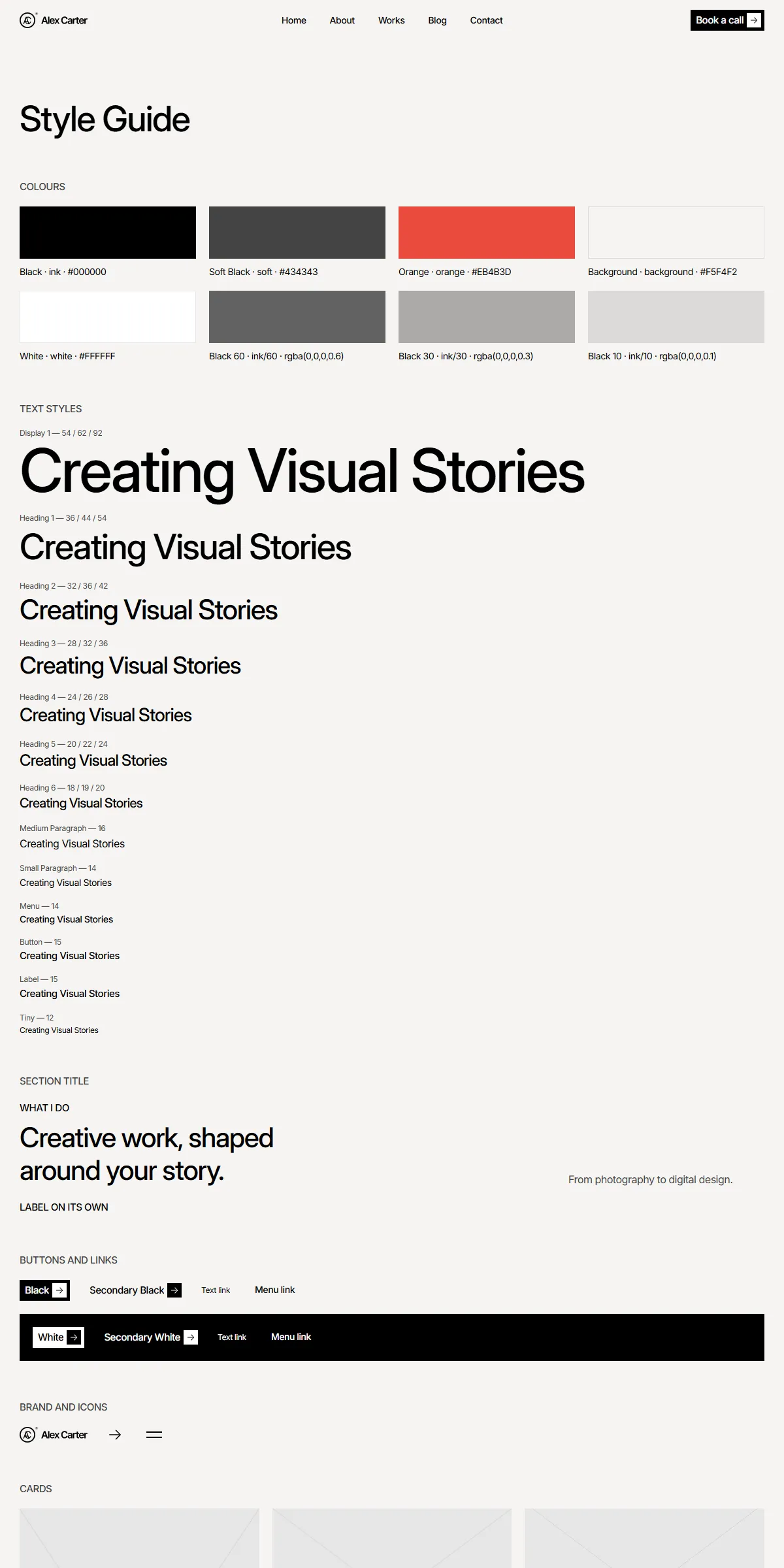The style guide page: the colours and text styles, then every component with its name