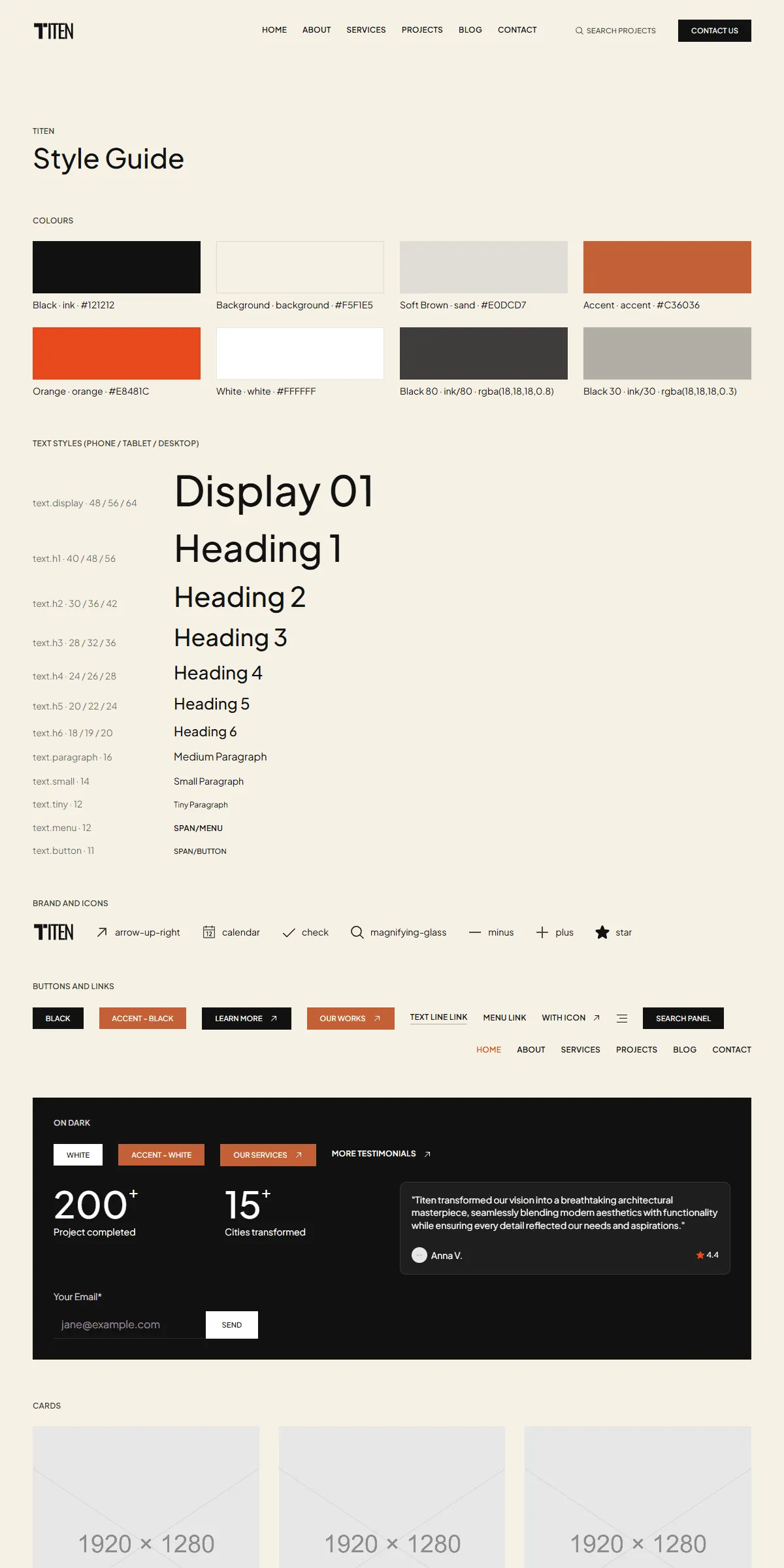 The style guide page: the colours and text styles, then every component with its name