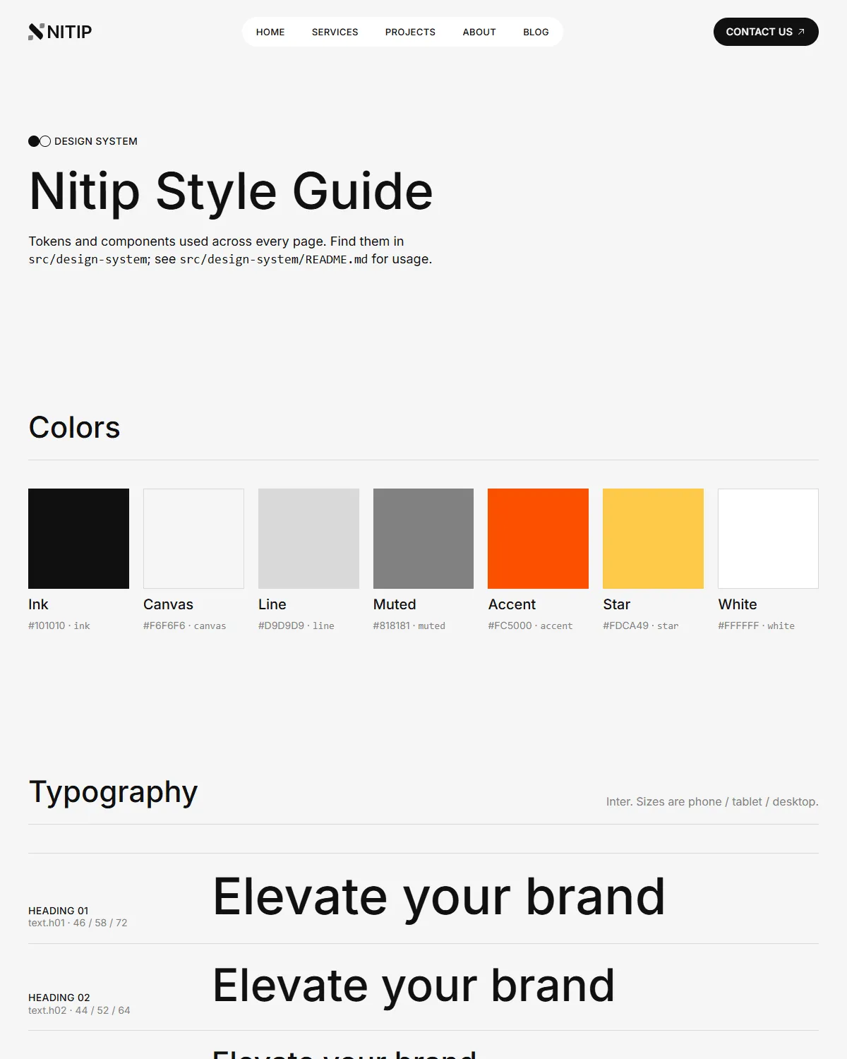The style guide page: the colours and text styles, then every component with its name