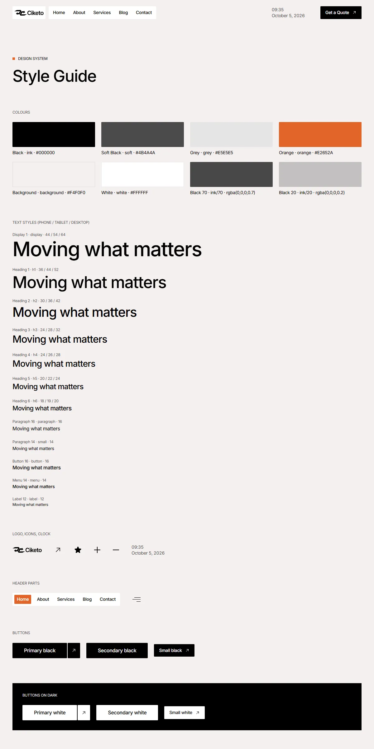 The style guide page: the colours and text styles, then every component with its name