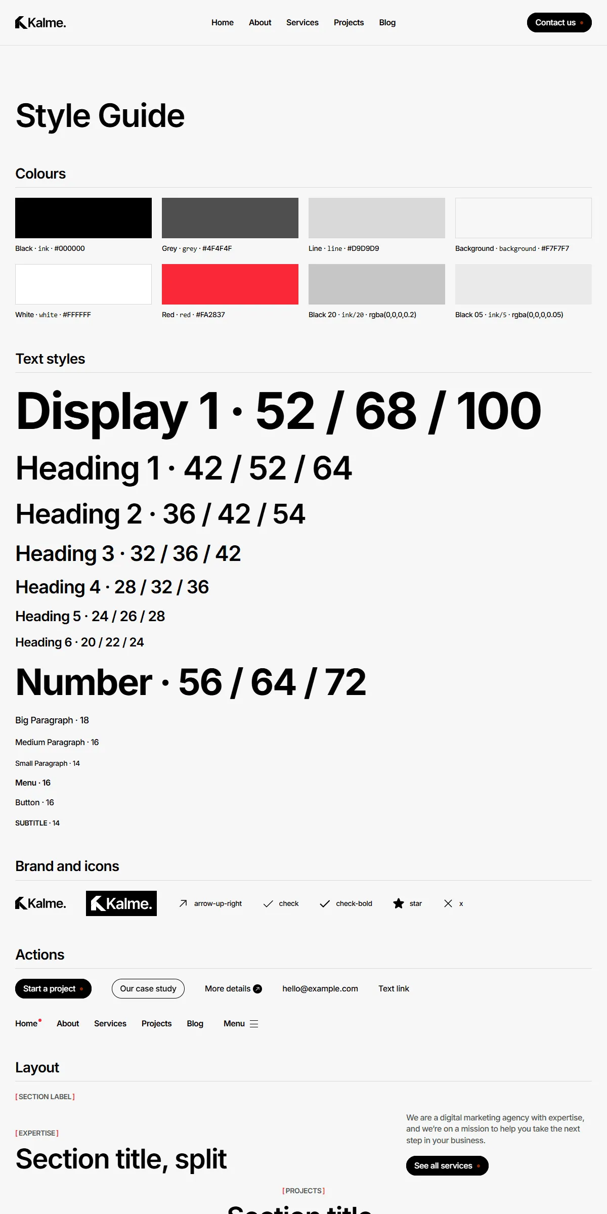 The style guide page: the colours and text styles, then every component with its name