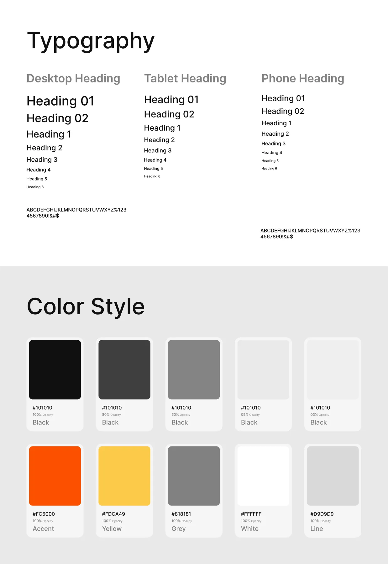 The Style Guide page: headings per breakpoint and the colour styles